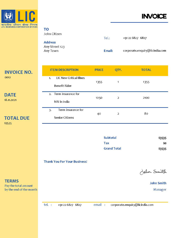 USA LIC invoice template PSD template